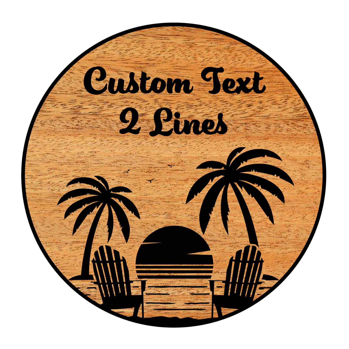 Circular Carved Wooden Sign with Beach Scene