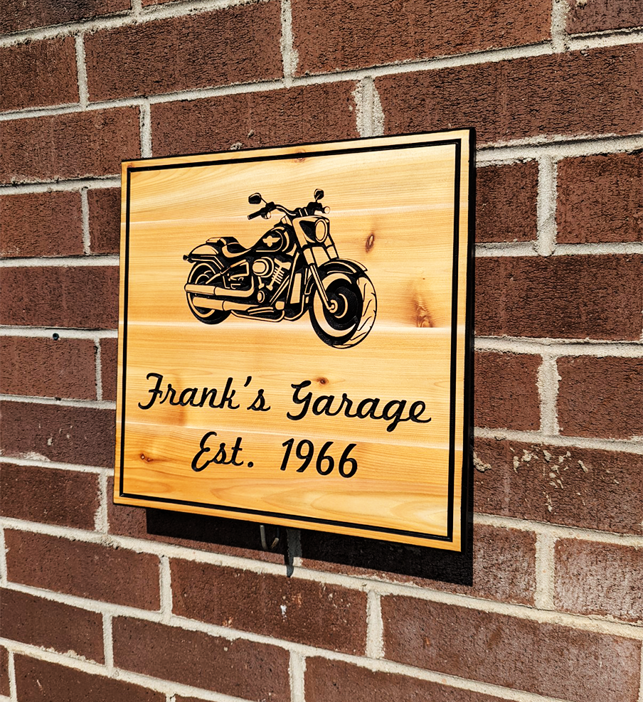 Engraved Wooden Sign - Custom Text and Harley-Davidson Motorcycle