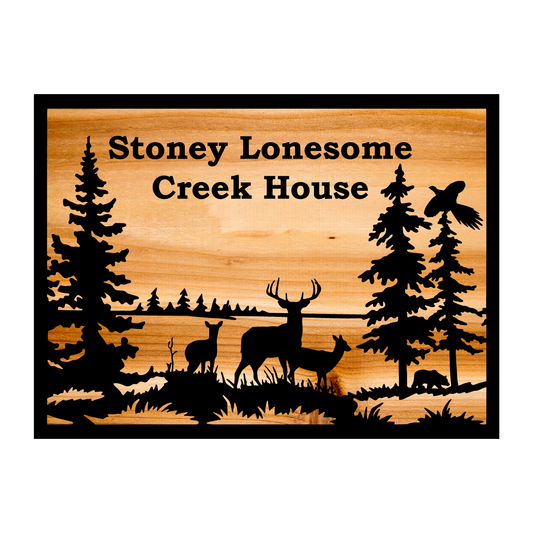 Engraved Wooden Sign With Woodsy Landscape And Personalized Engraving