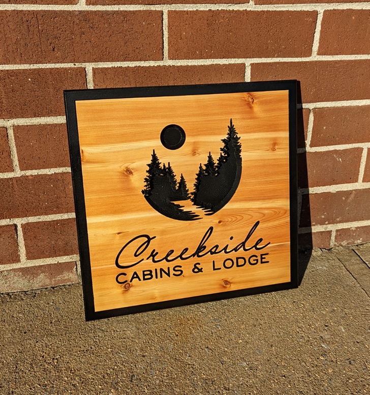 Custom Engraved Cedar Sign - Trees, River, Moon