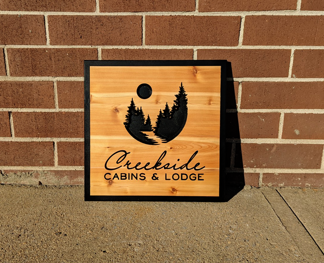 Custom Engraved Cedar Sign - Trees, River, Moon