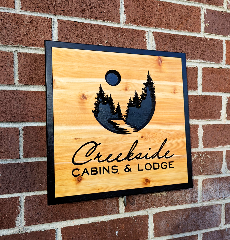 Custom Engraved Cedar Sign - Trees, River, Moon