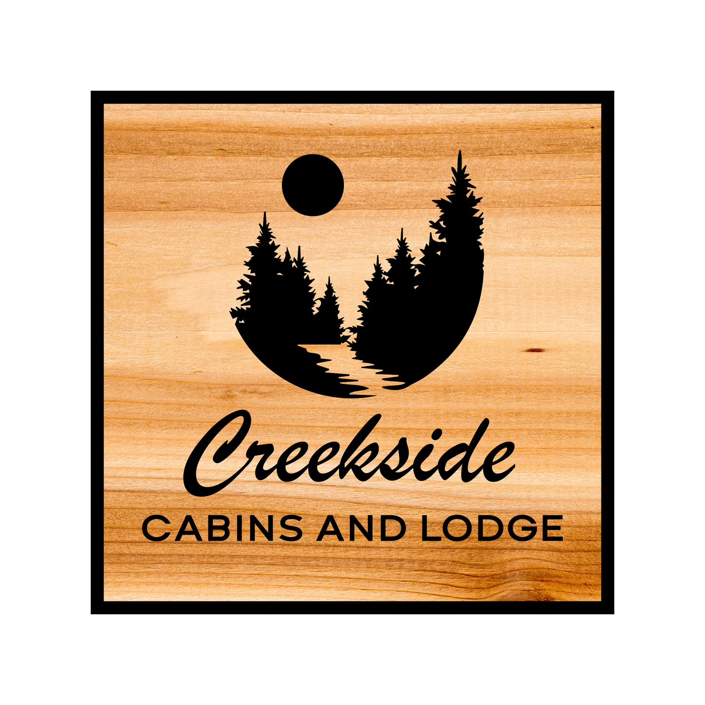 Custom Engraved Cedar Sign - Trees, River, Moon