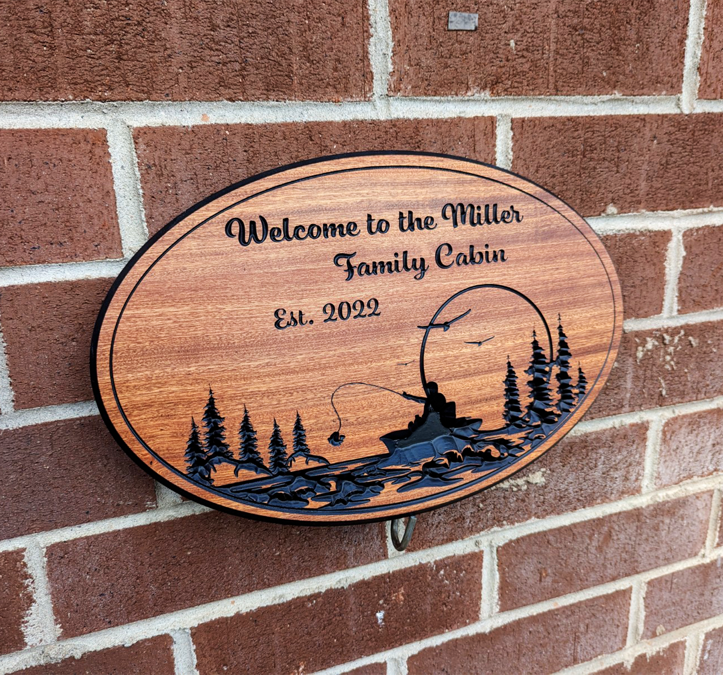 Custom Wooden Sign with Fishing Scene and Personalized Text