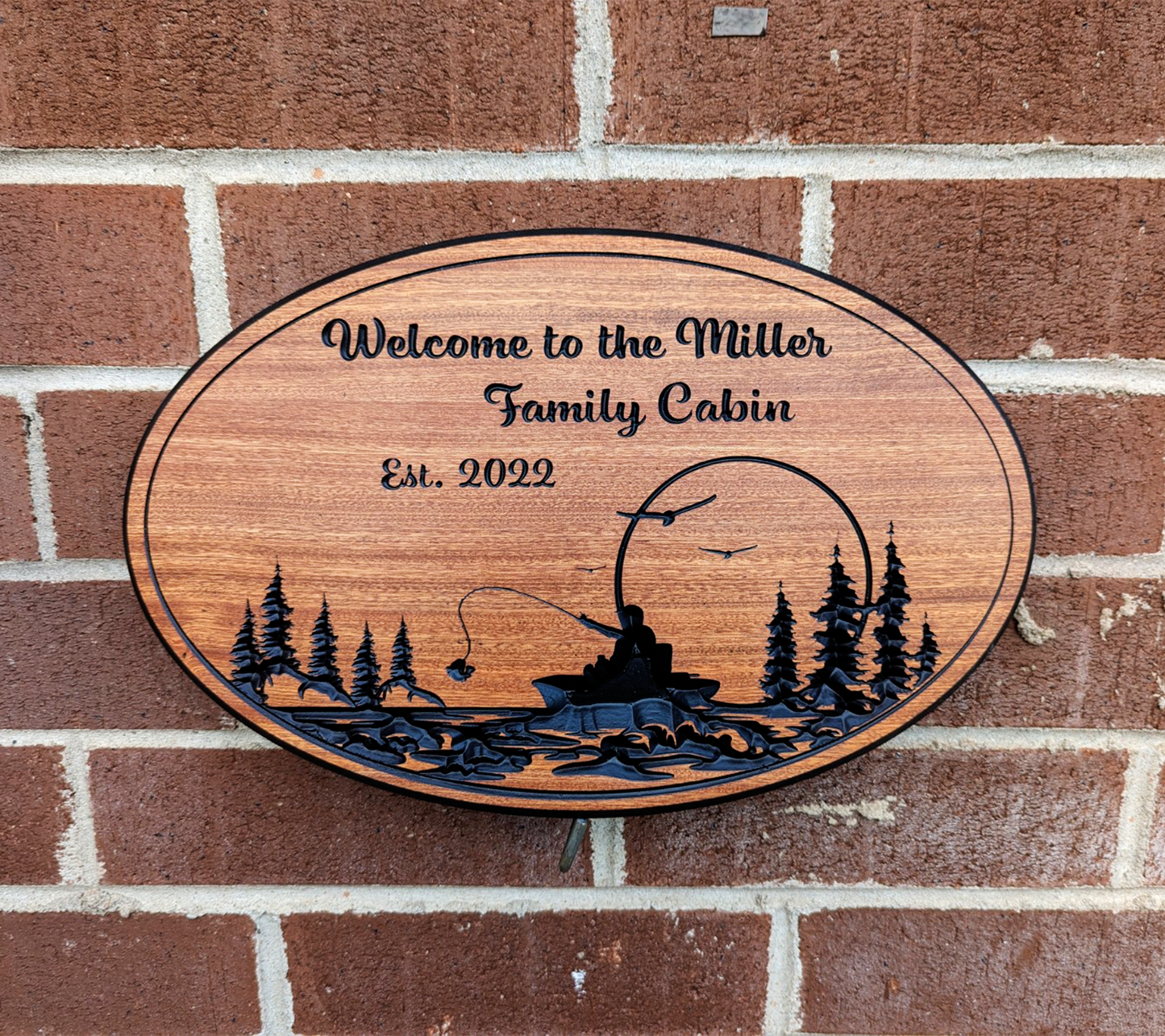 Custom Wooden Sign with Fishing Scene and Personalized Text