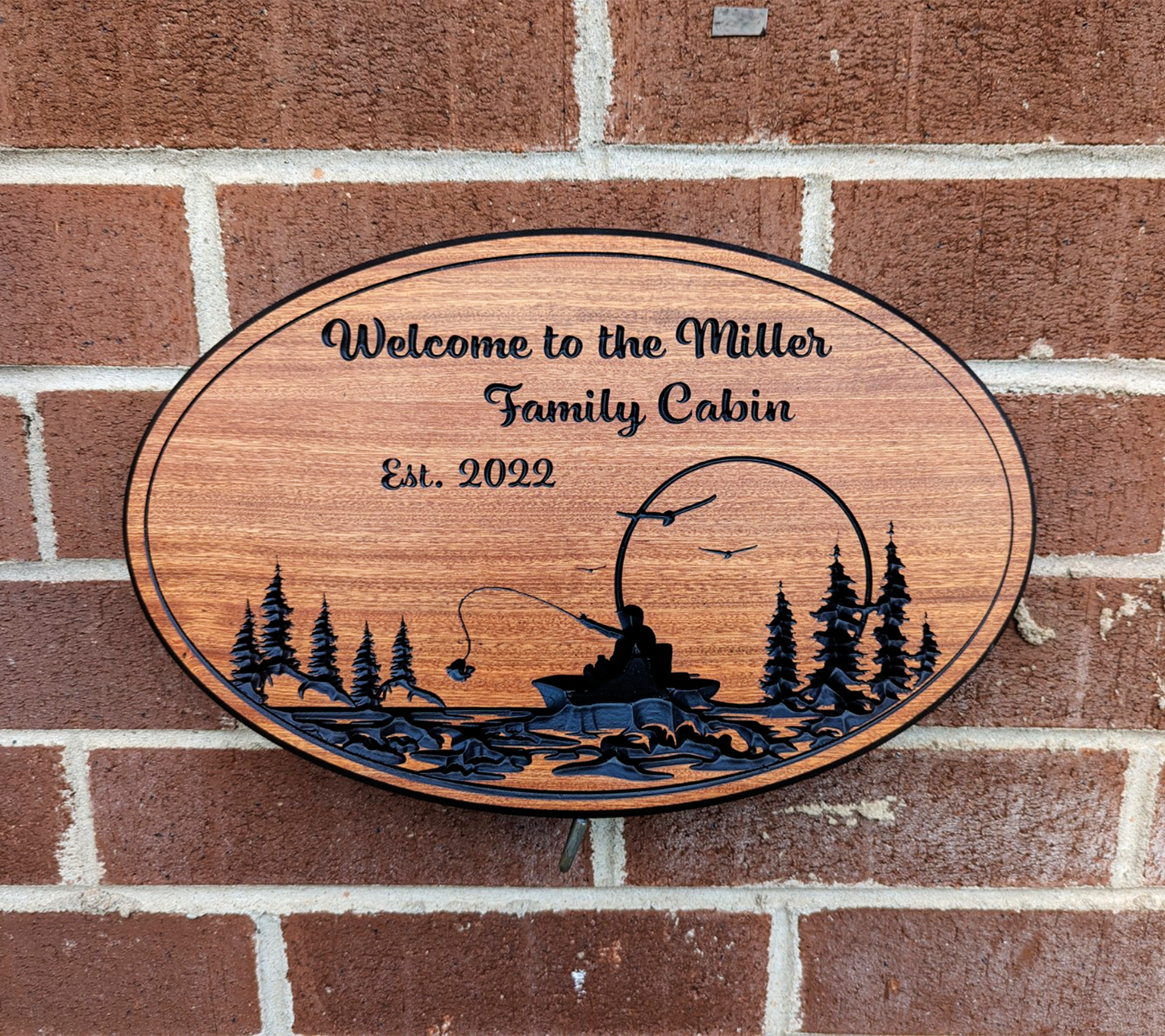 Custom Wooden  Sign with Fishing Scene and Personalized Text