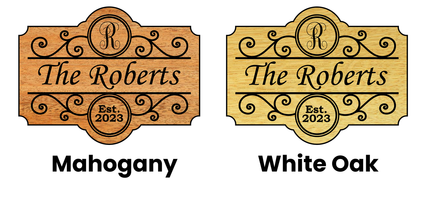 Custom Mahogany or White Oak Sign with Monogram, Family name and Est. Date