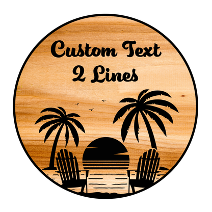 Circular Carved Wooden Sign with Beach Scene