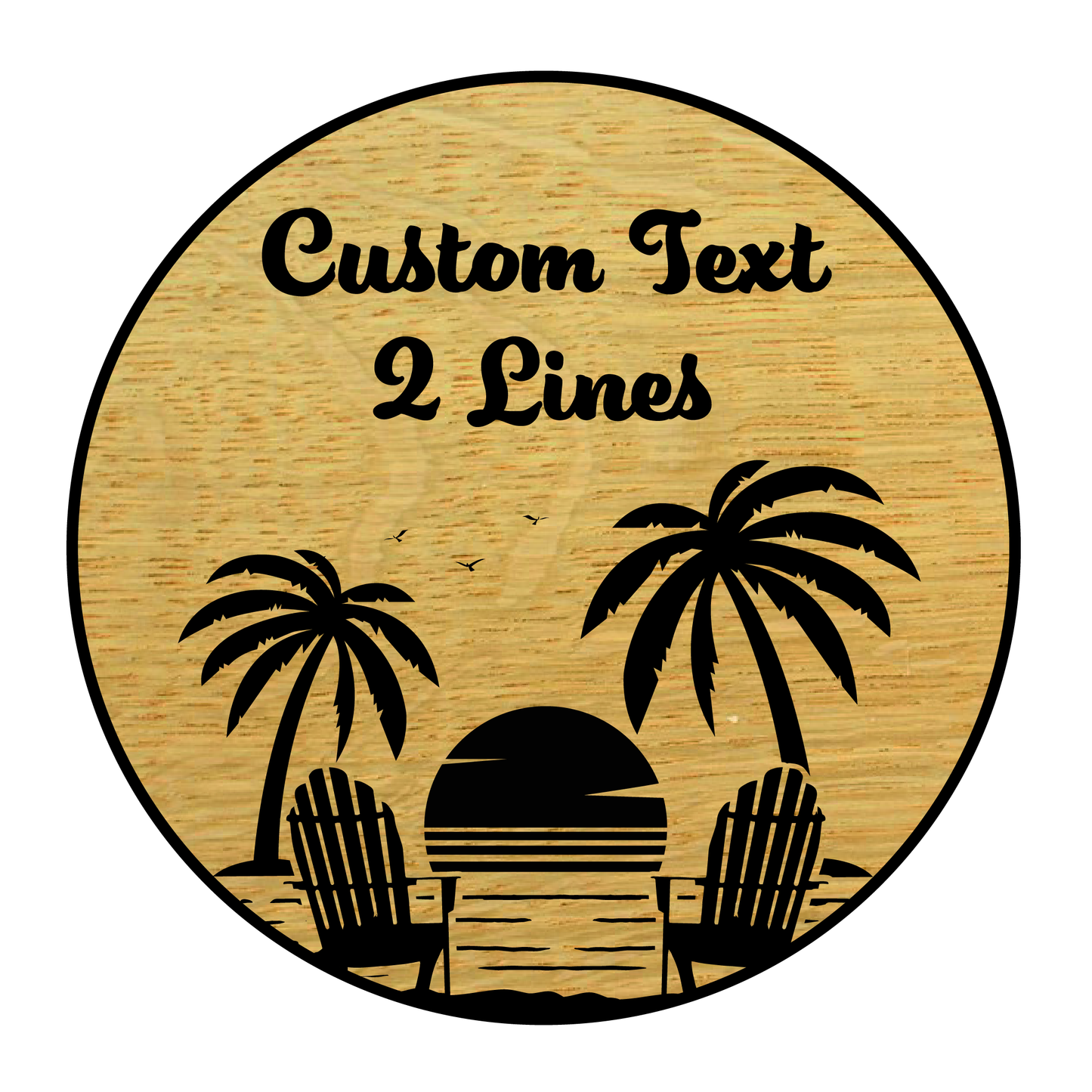 Circular Carved Wooden Sign with Beach Scene