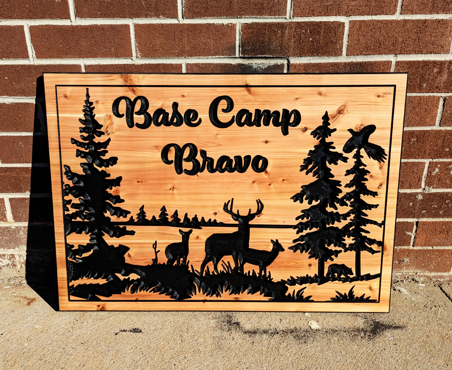 Engraved Wooden Sign With Woodsy Landscape And Personalized Engraving