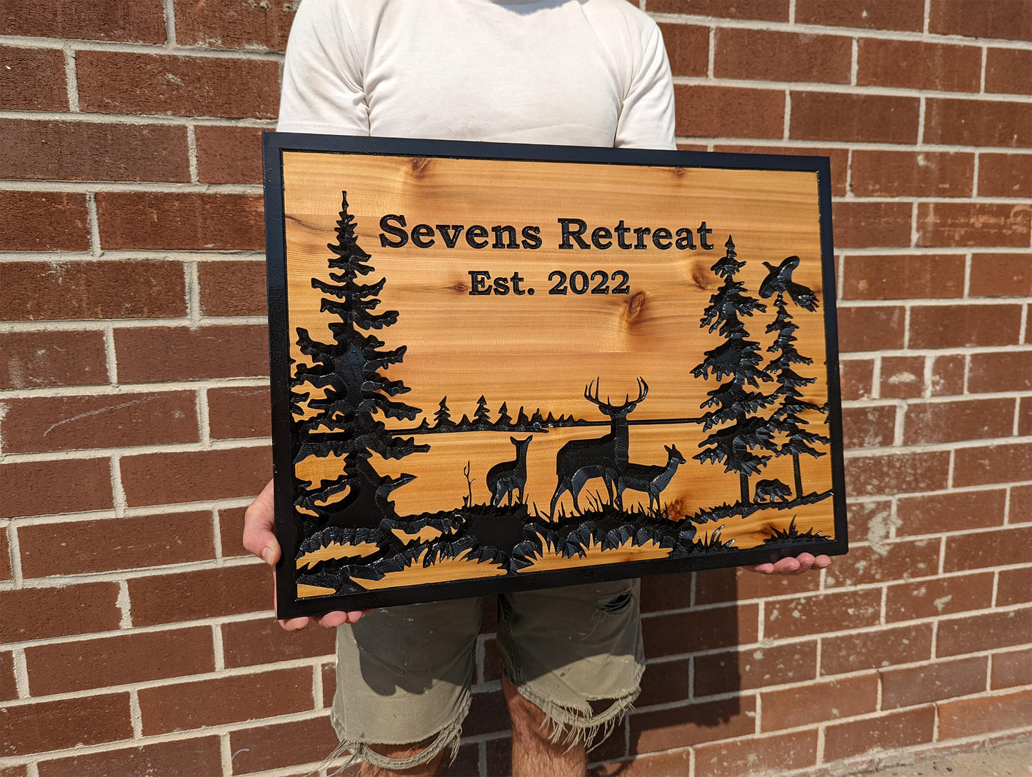 Engraved Wooden Sign With Woodsy Landscape And Personalized Engraving