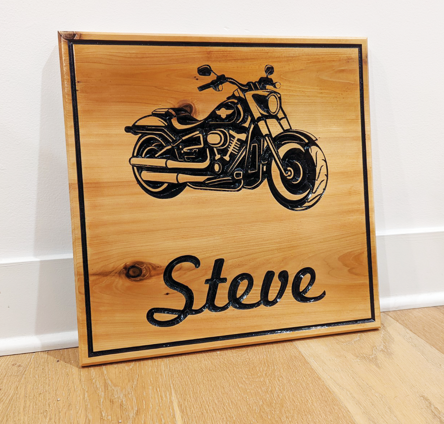 Engraved Wooden Sign - Custom Text and Harley-Davidson Motorcycle