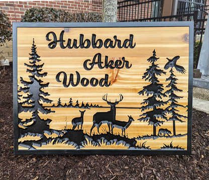 Engraved Wooden Sign With Woodsy Landscape And Personalized Engraving