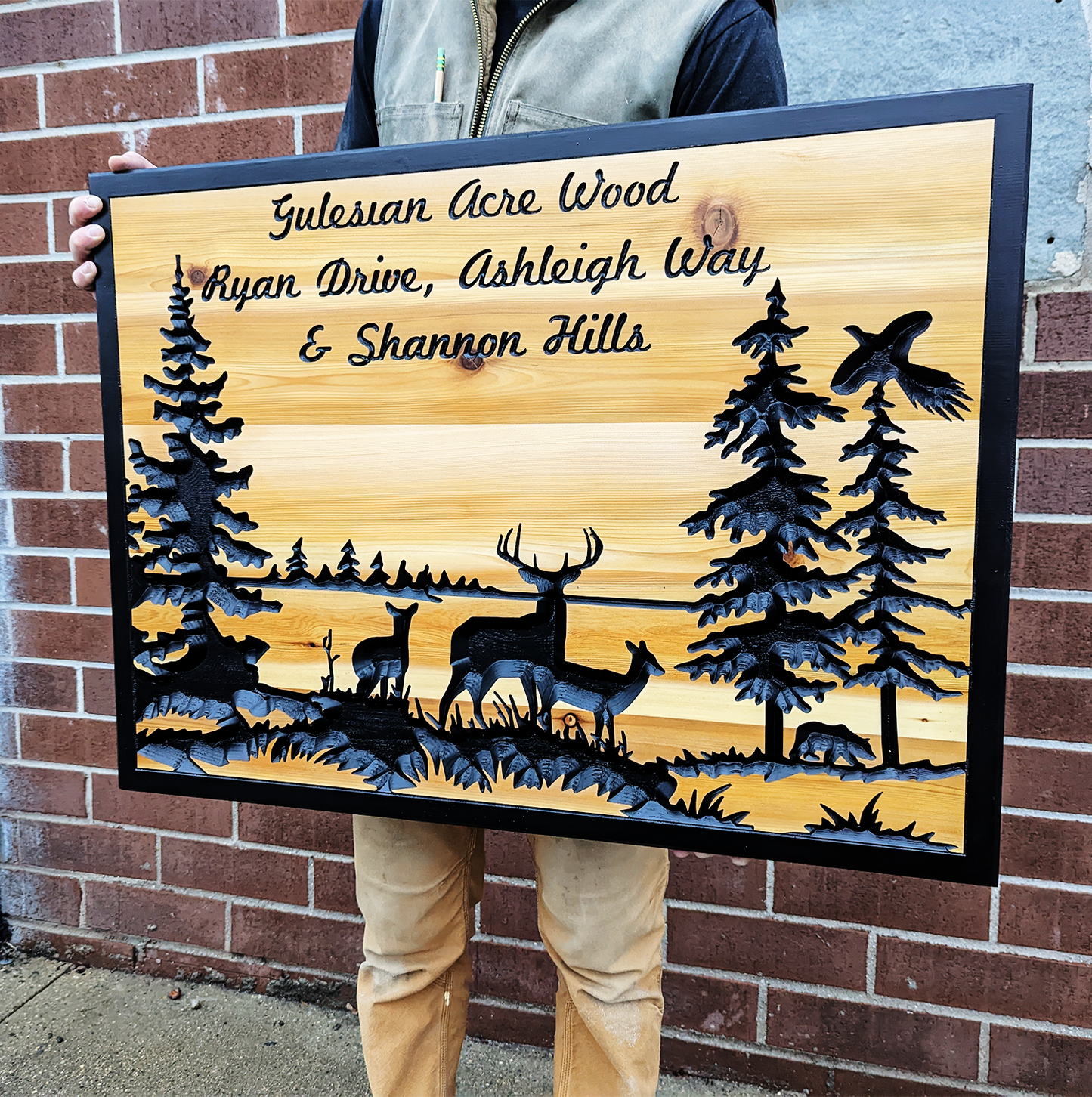 Engraved Wooden Sign With Woodsy Landscape And Personalized Engraving