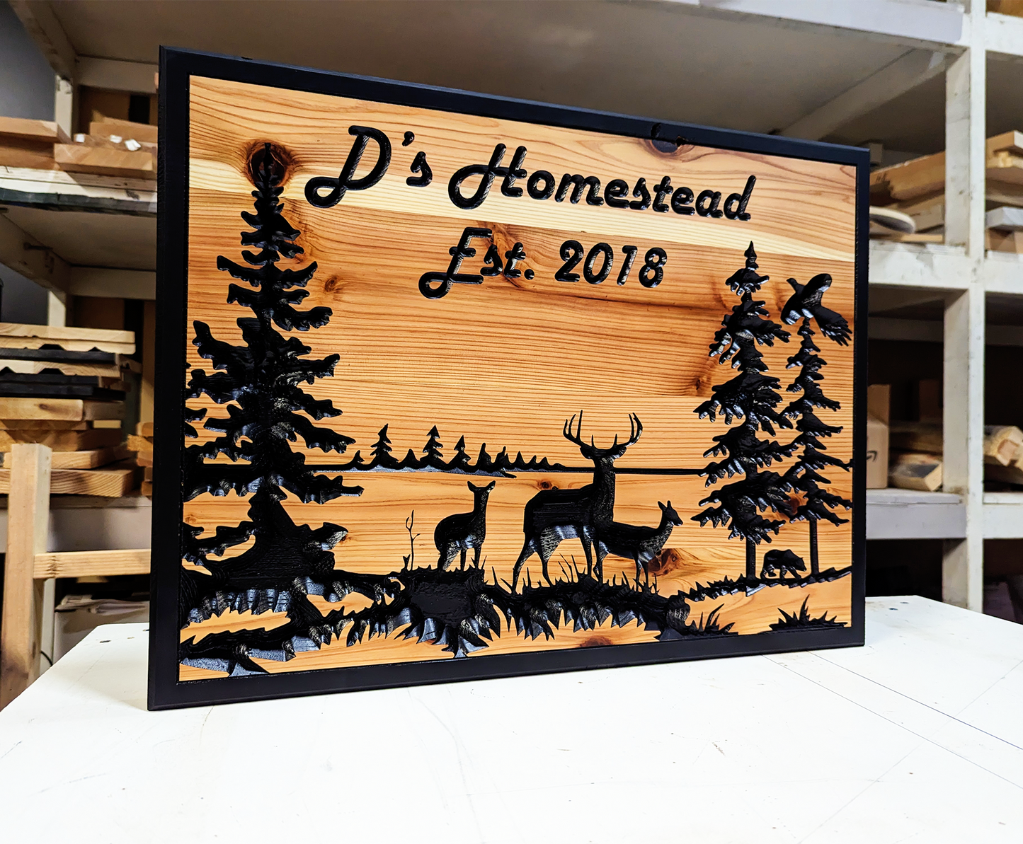 Engraved Wooden Sign With Woodsy Landscape And Personalized Engraving