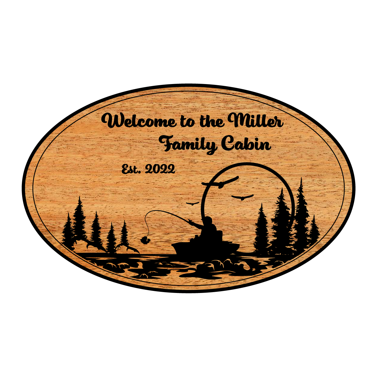 Custom Wooden  Sign with Fishing Scene and Personalized Text