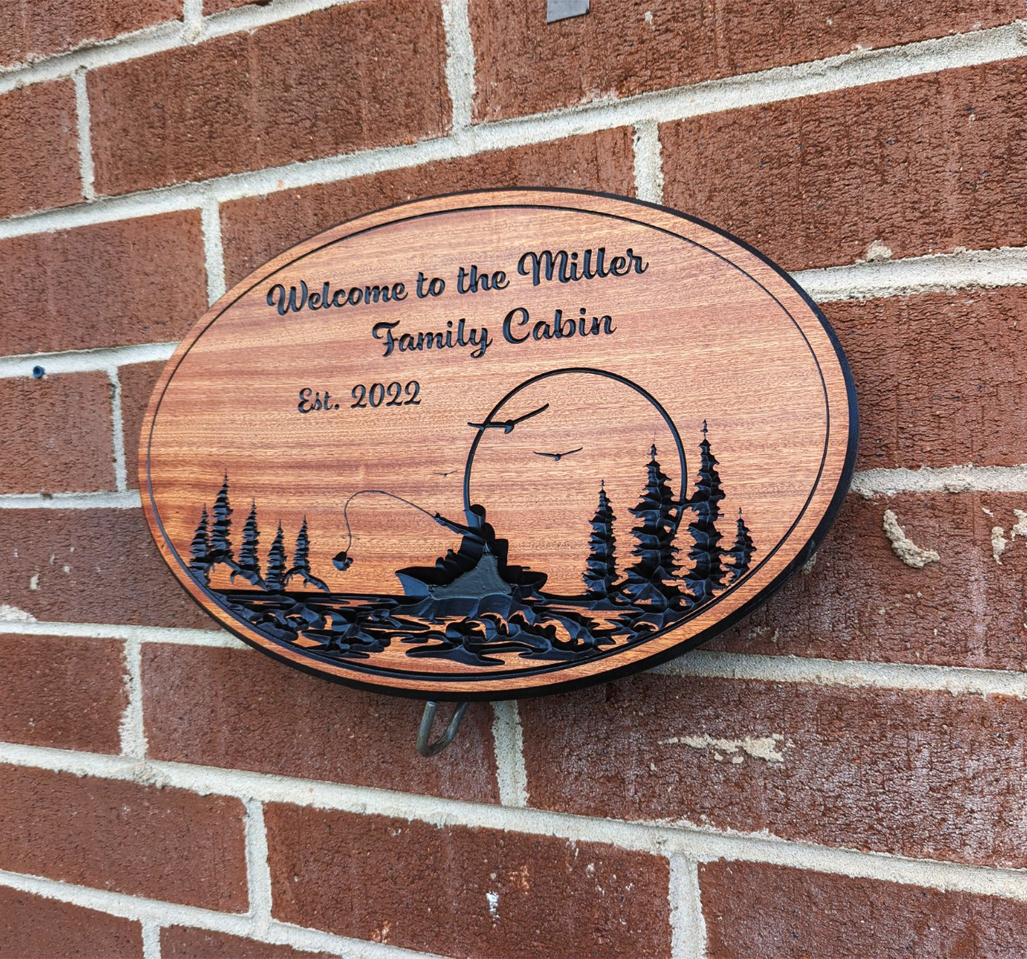 Custom Wooden  Sign with Fishing Scene and Personalized Text