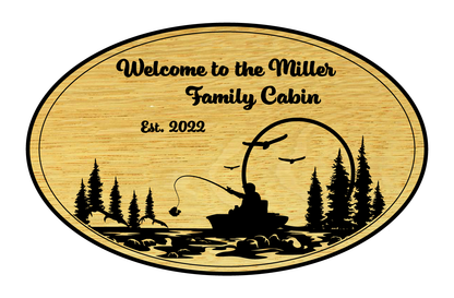Custom Wooden  Sign with Fishing Scene and Personalized Text
