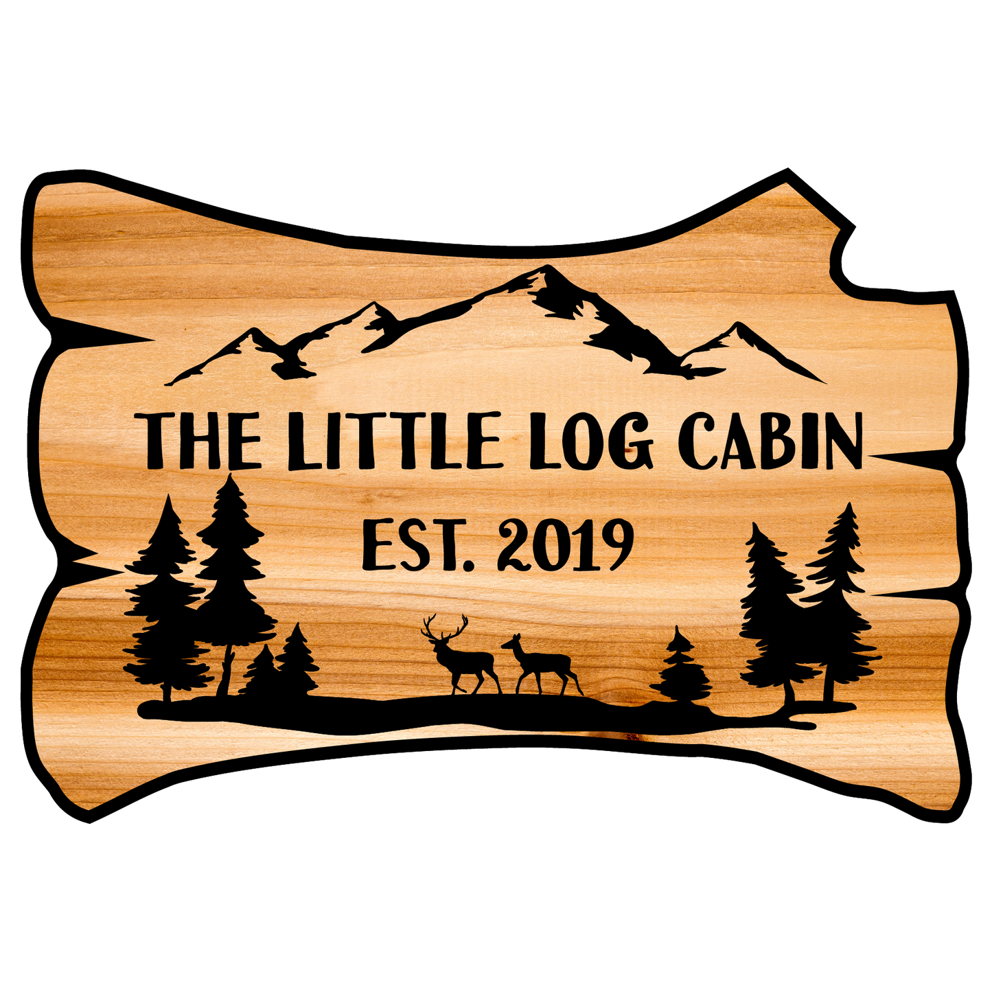 Log Shaped Personalized Wooden Sign with Deer and Landscape