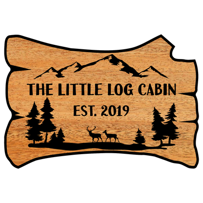 Log Shaped Personalized Wooden Sign with Deer and Landscape