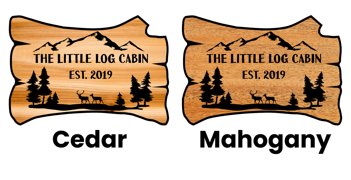 Log Shaped Personalized Wooden Sign with Deer and Landscape